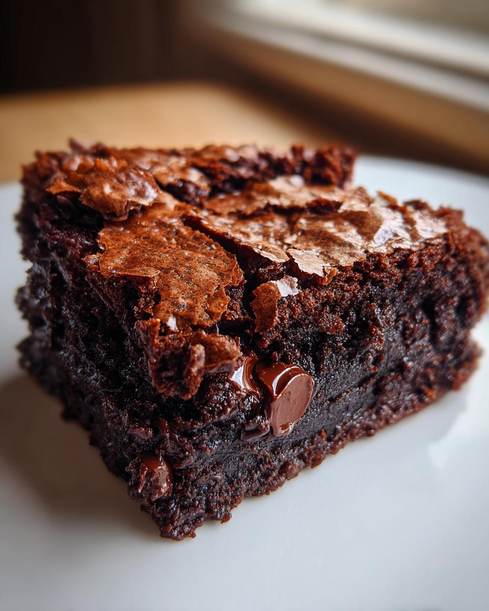 A close-up shot of a single, fudgy brownies square showing a shiny, cracked top and melted chocolate chips.