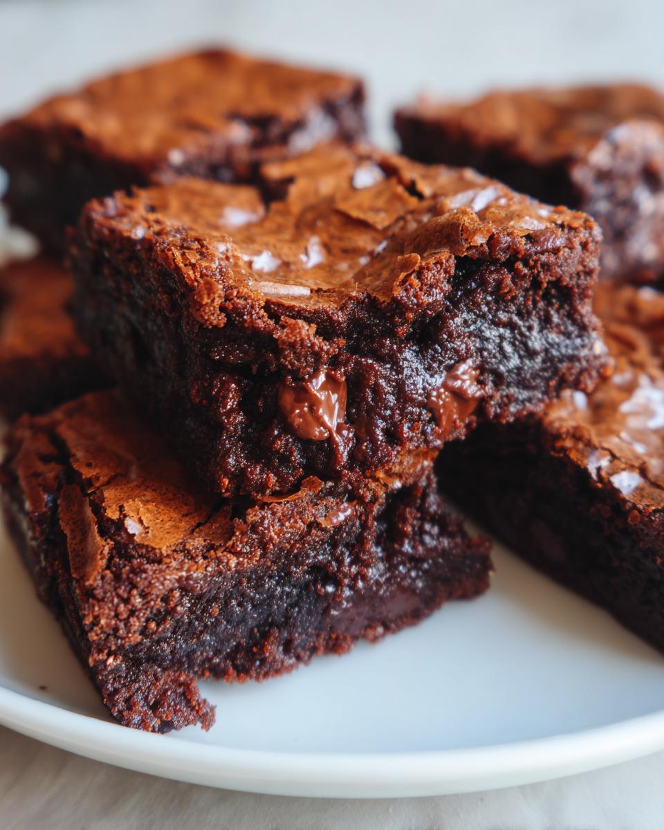 Close-up of fudgy brownies stacked on a white plate, showing a gooey center and flaky sea salt topping.