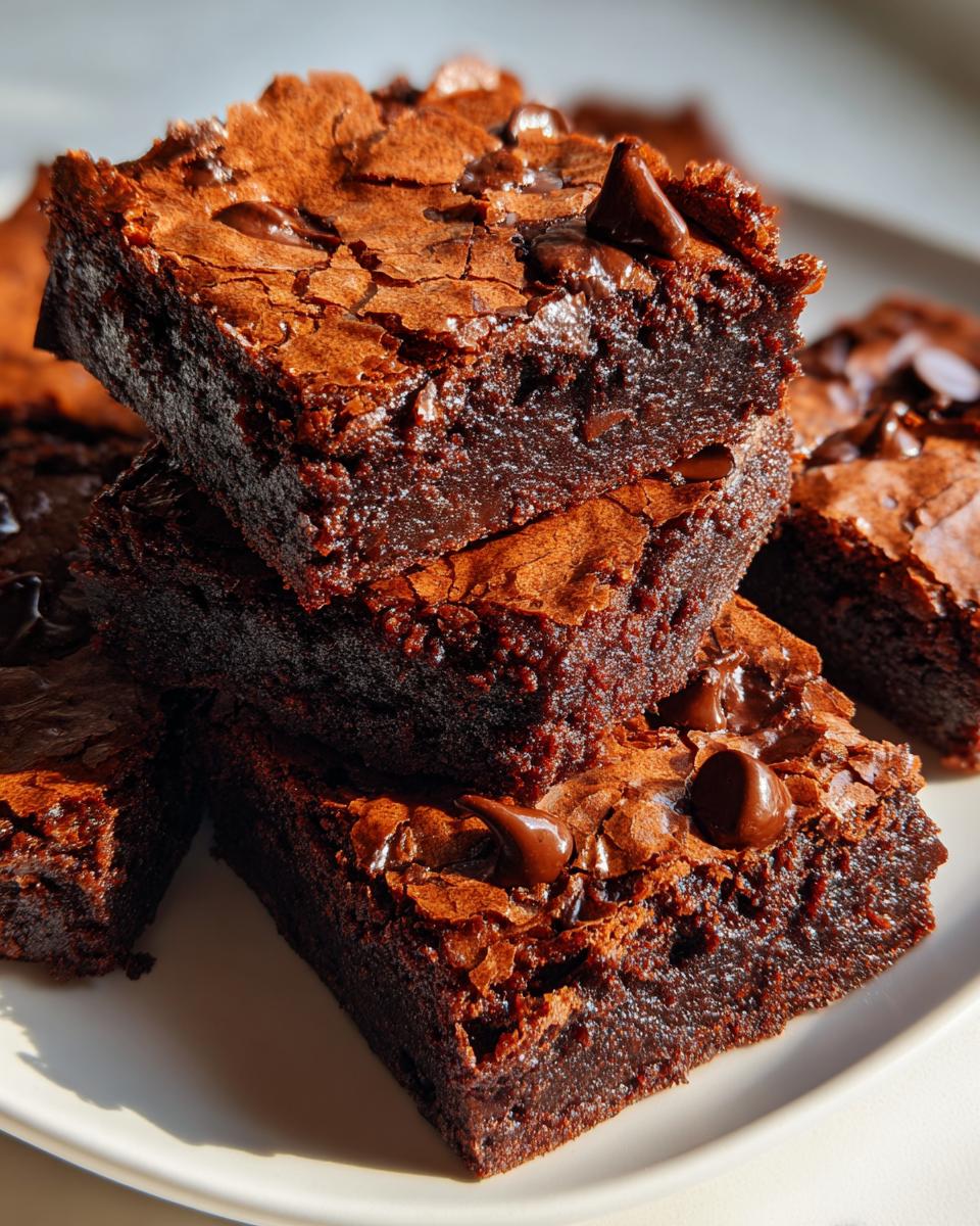 A stack of intensely fudgy brownies featuring shiny, crinkly tops and visible chocolate chips.