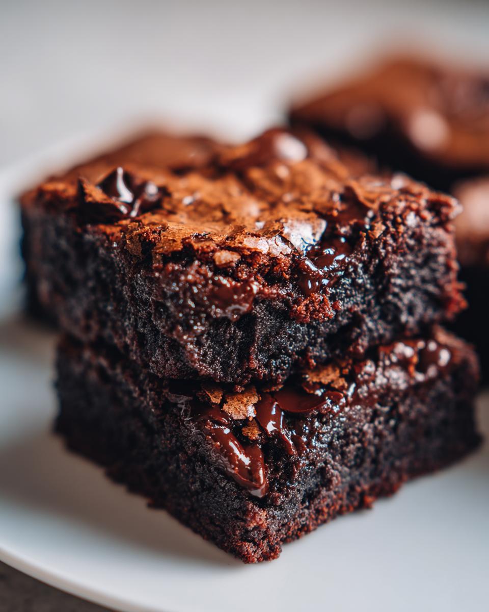 Close-up of two stacked, incredibly fudgy brownies topped with melted chocolate chips and cocoa powder.