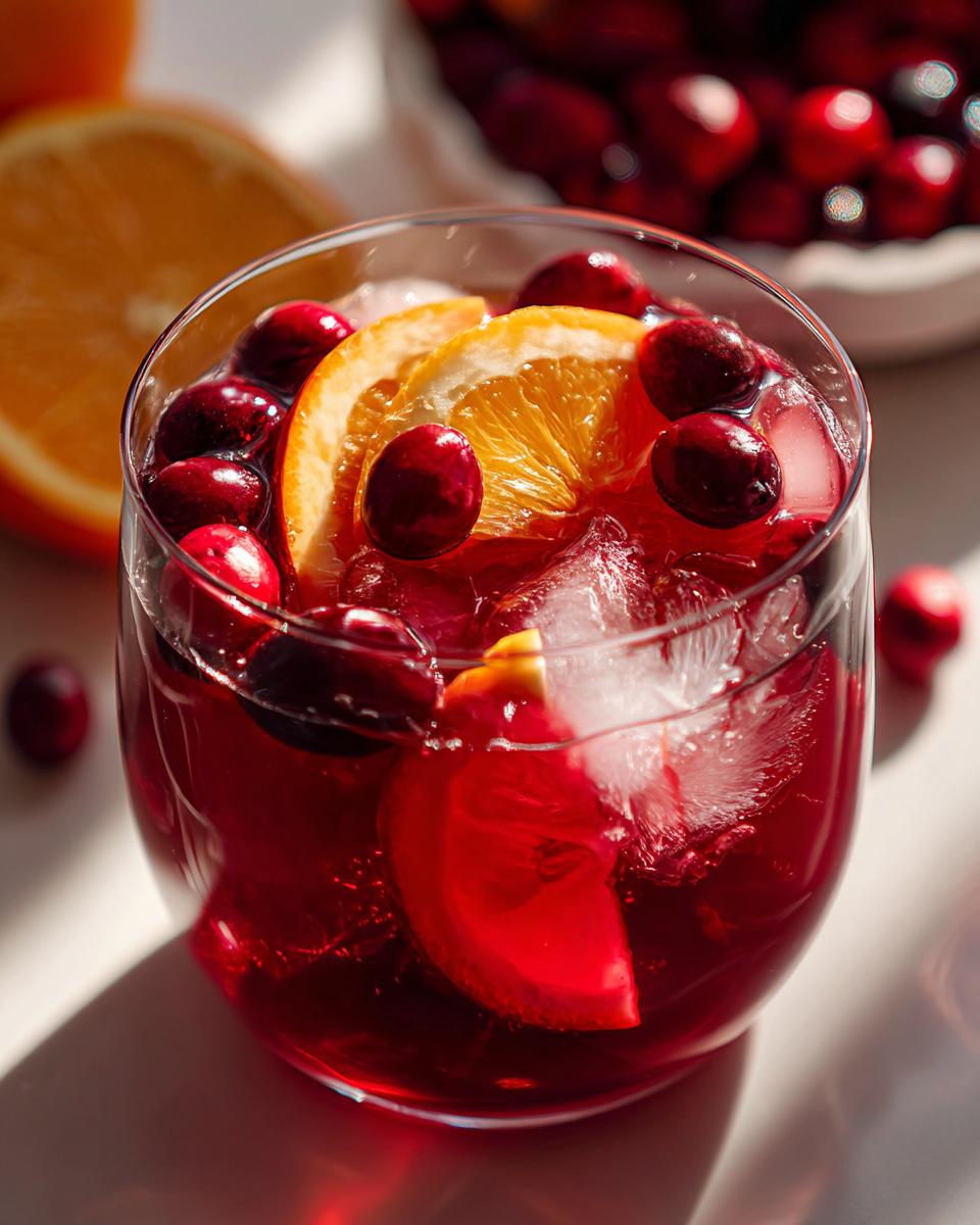 Close-up of a glass filled with deep red thanksgiving punch, ice cubes, fresh cranberries, and orange slices.