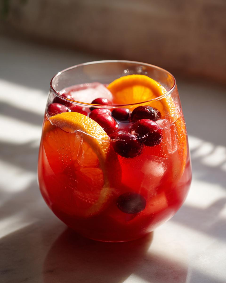 Close-up of a glass filled with bright red thanksgiving punch, garnished with orange slices and fresh cranberries.