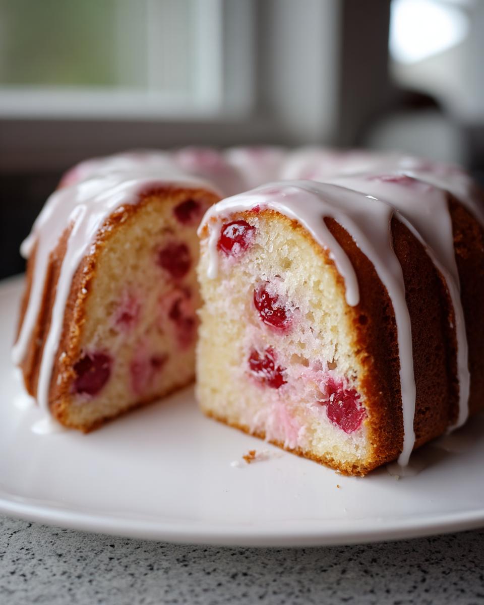 A slice cut from a bundt-style Cherry cake, showing bright red cherries baked inside and drizzled with white icing.