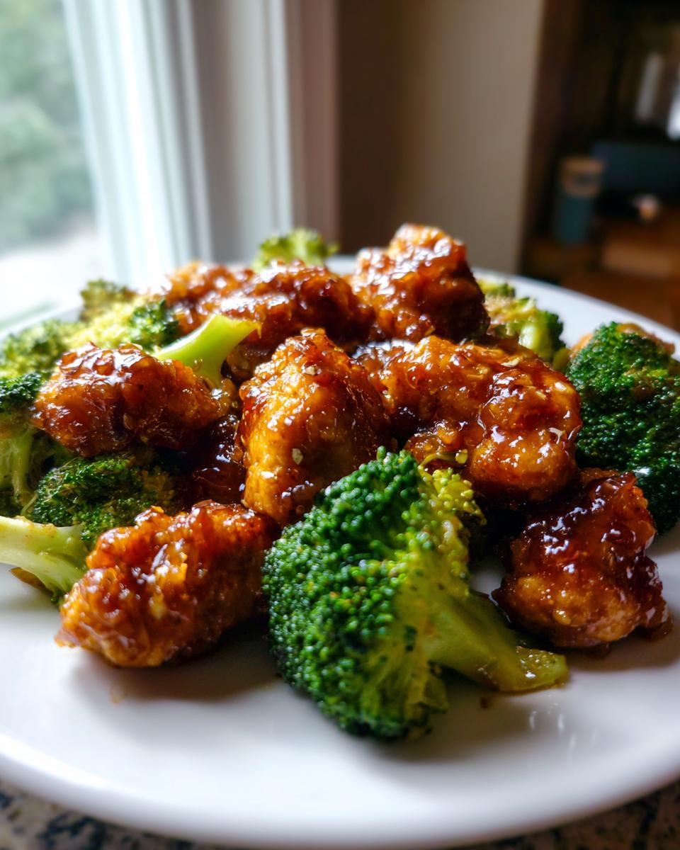 A close-up of saucy glazed chicken pieces mixed with bright green steamed broccoli florets, representing the amazing chicken and broccoli recipe.
