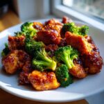 Close-up of saucy, glazed chicken and bright green broccoli florets served on a white plate.