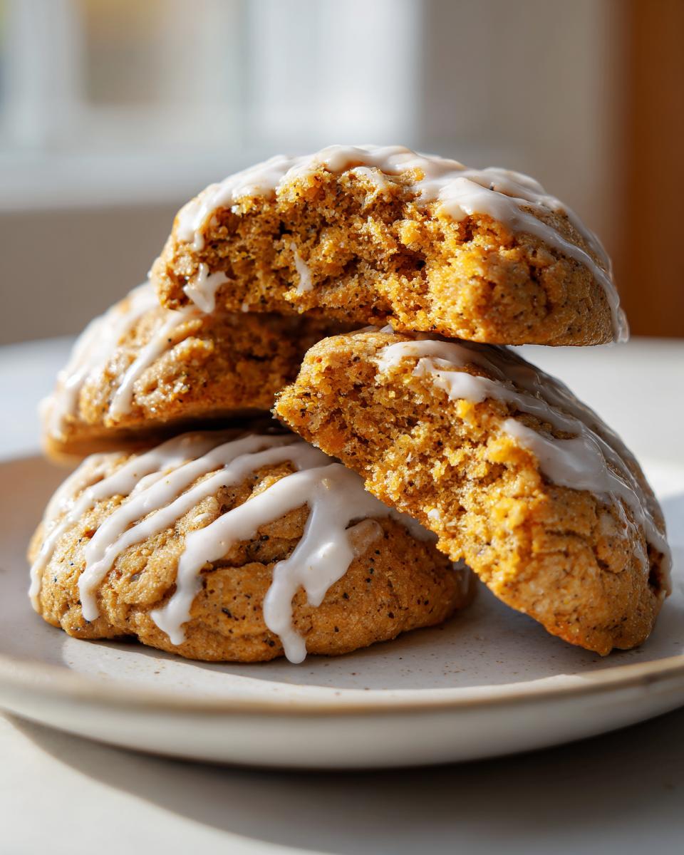 Close-up of three soft, orange persimmon cookies stacked, drizzled with white glaze, one broken open.