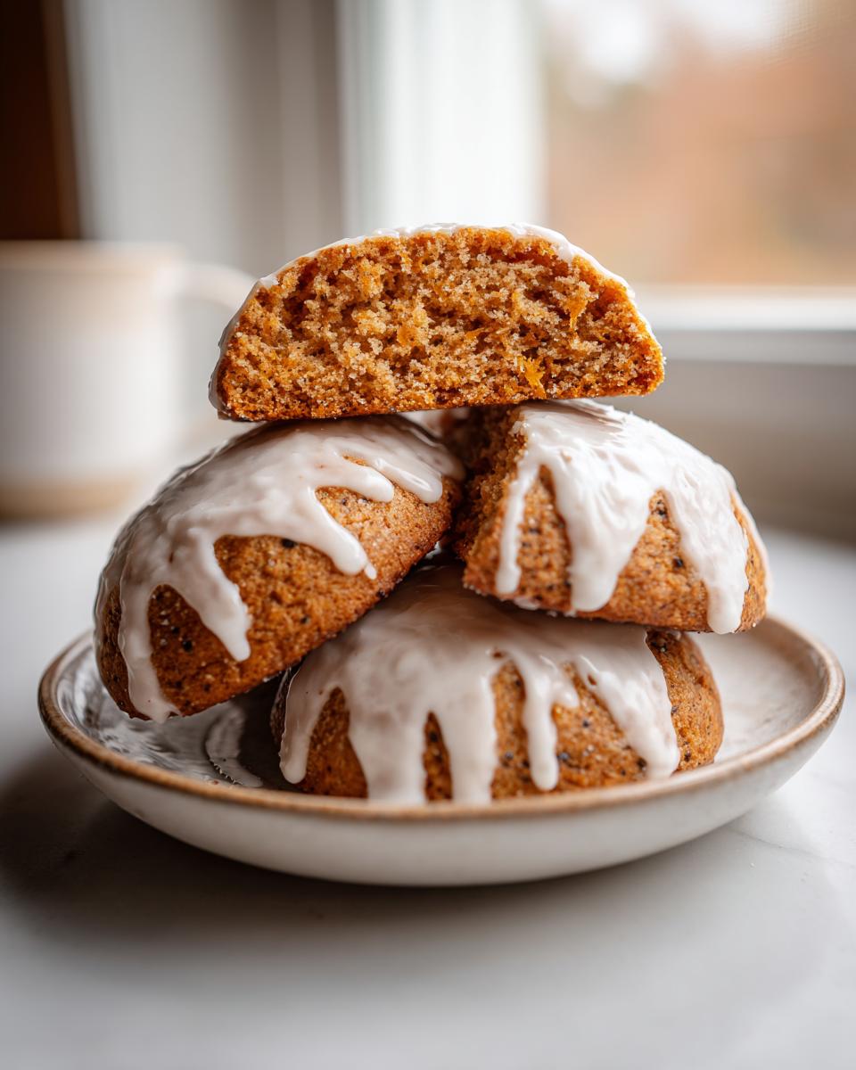 Stack of three glazed persimmon cookies with one cookie halved to show the soft, spiced interior texture.