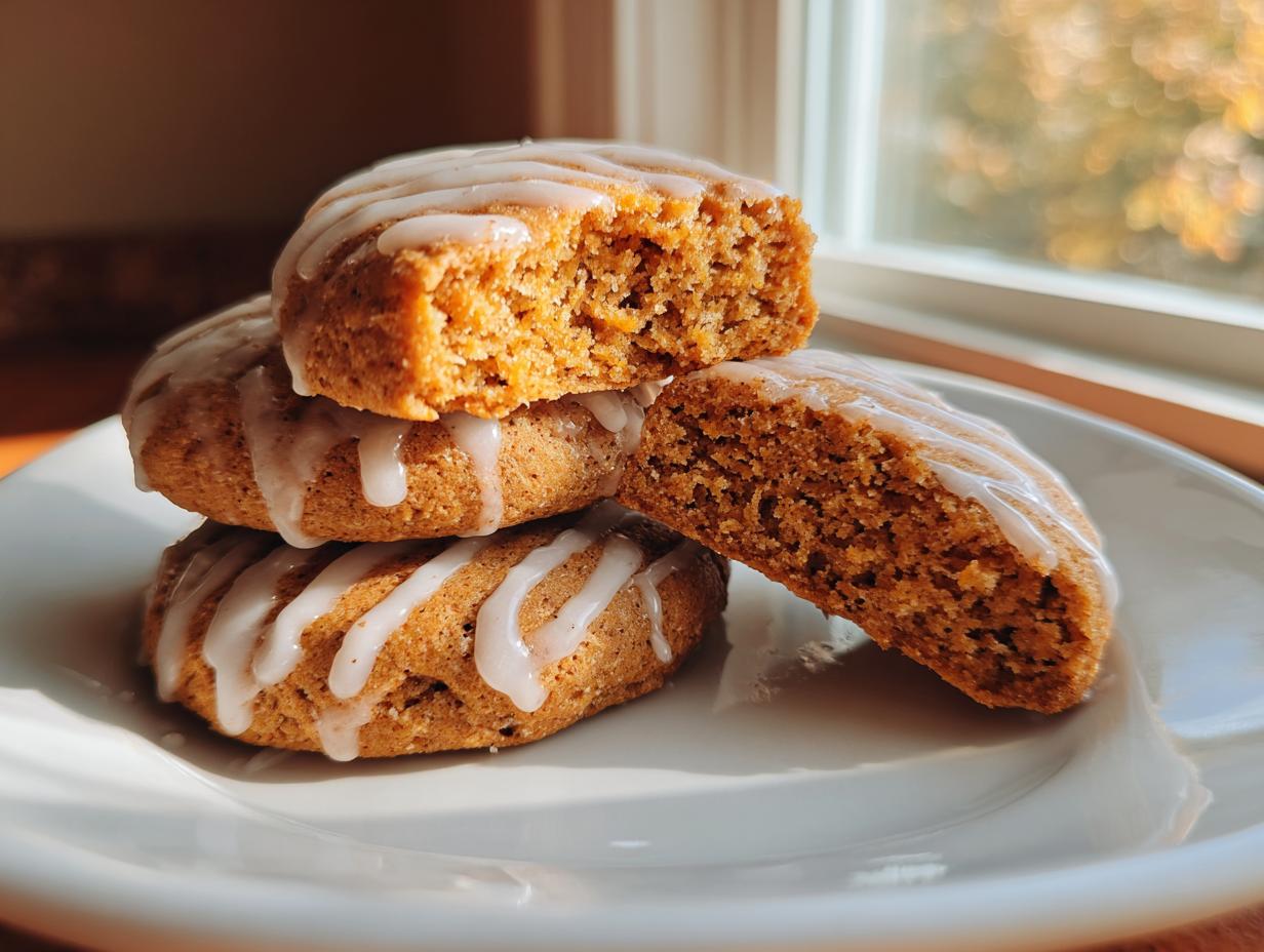 Close-up of three glazed persimmon cookies stacked on a white plate, one cookie broken to show the soft texture inside.