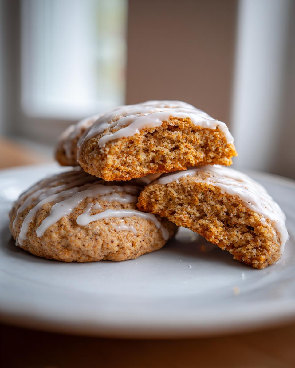 A stack of soft, glazed persimmon cookies, one broken in half showing the moist interior texture.
