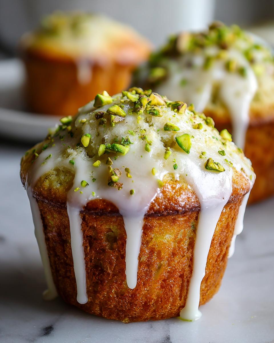 A close-up of a delicious pistachio muffin topped with white glaze dripping down the sides and chopped pistachios.
