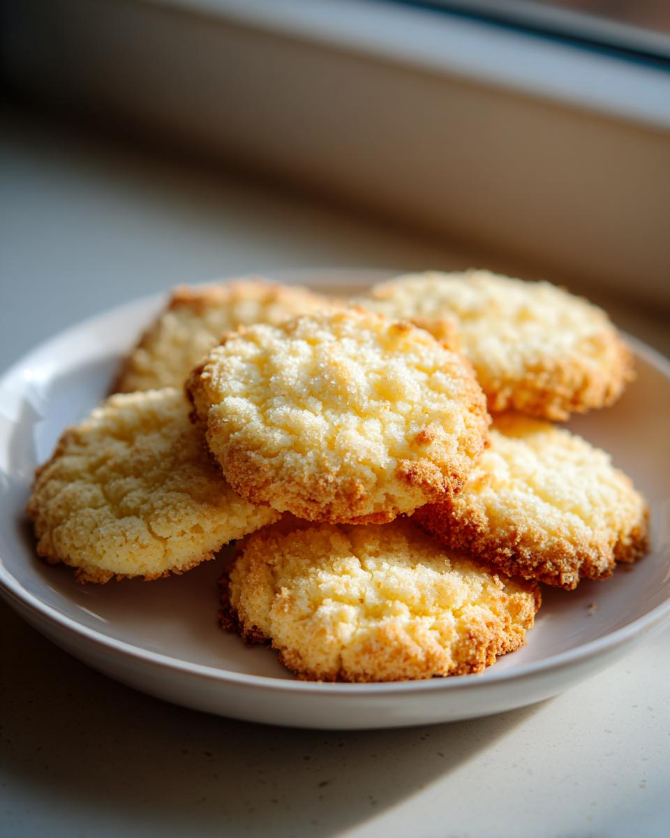 A stack of golden, crumbly 3-ingredient butter cookies resting on a light-colored plate near a window.