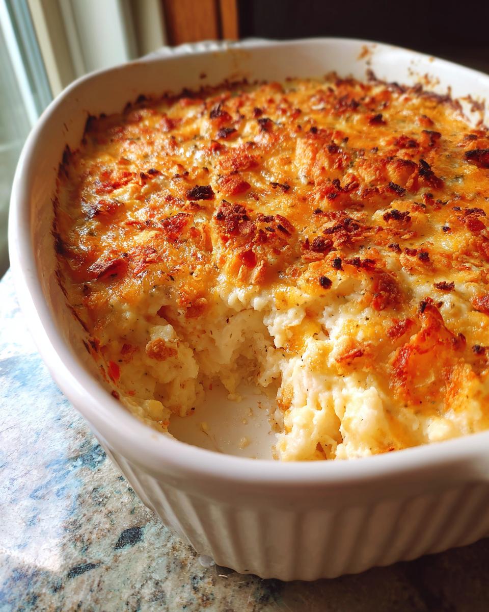 A close-up of a creamy baked potato casserole with a golden, cheesy, and crispy topping in a white oval baking dish.
