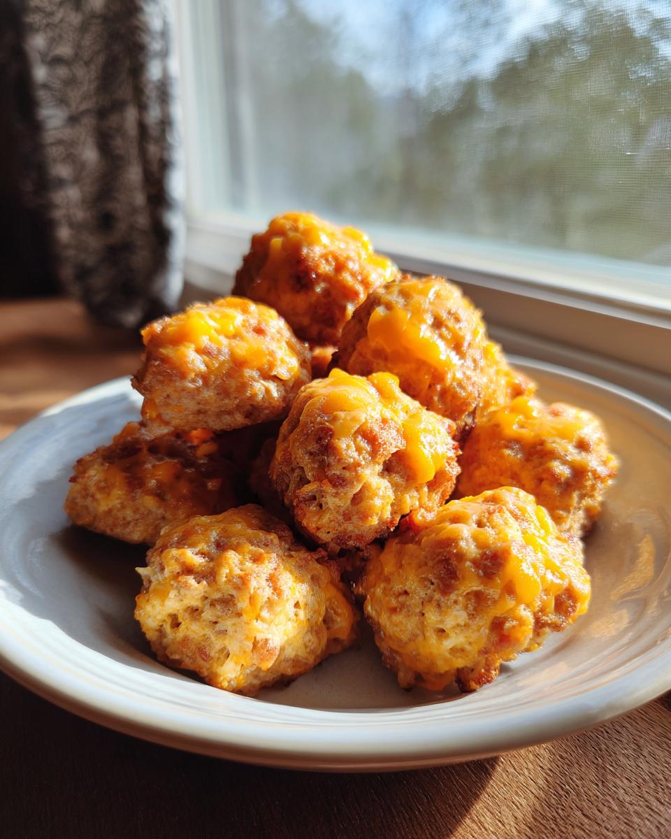 A pile of golden brown bisquick sausage balls topped with melted cheddar cheese on a light plate.