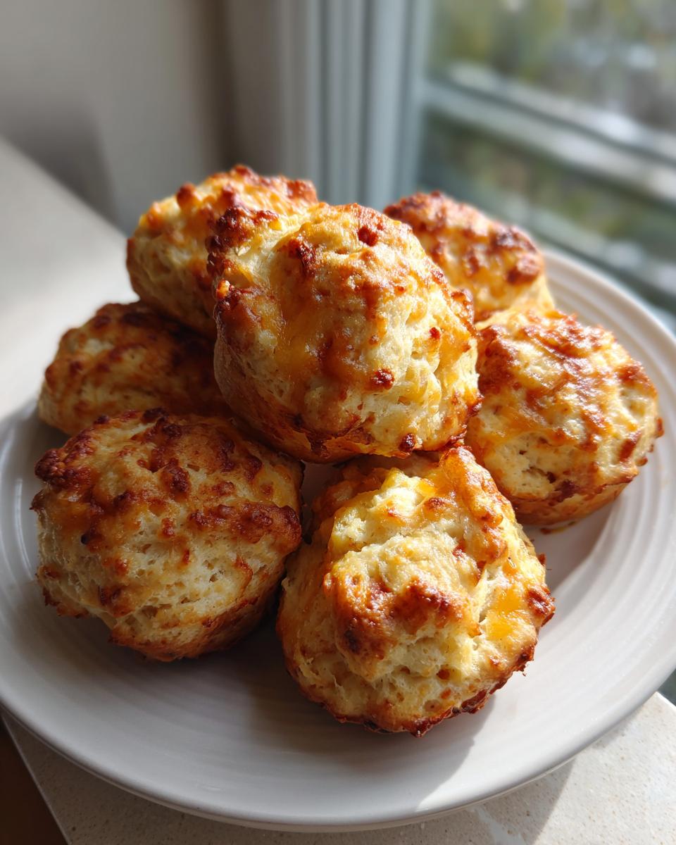 A pile of freshly baked, golden brown bisquick sausage balls with crispy, cheesy tops resting on a white plate.