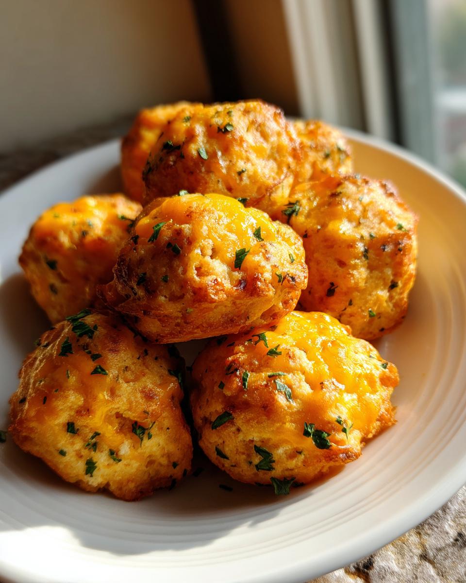 A pile of freshly baked, golden brown bisquick sausage balls topped with melted cheddar cheese and parsley.