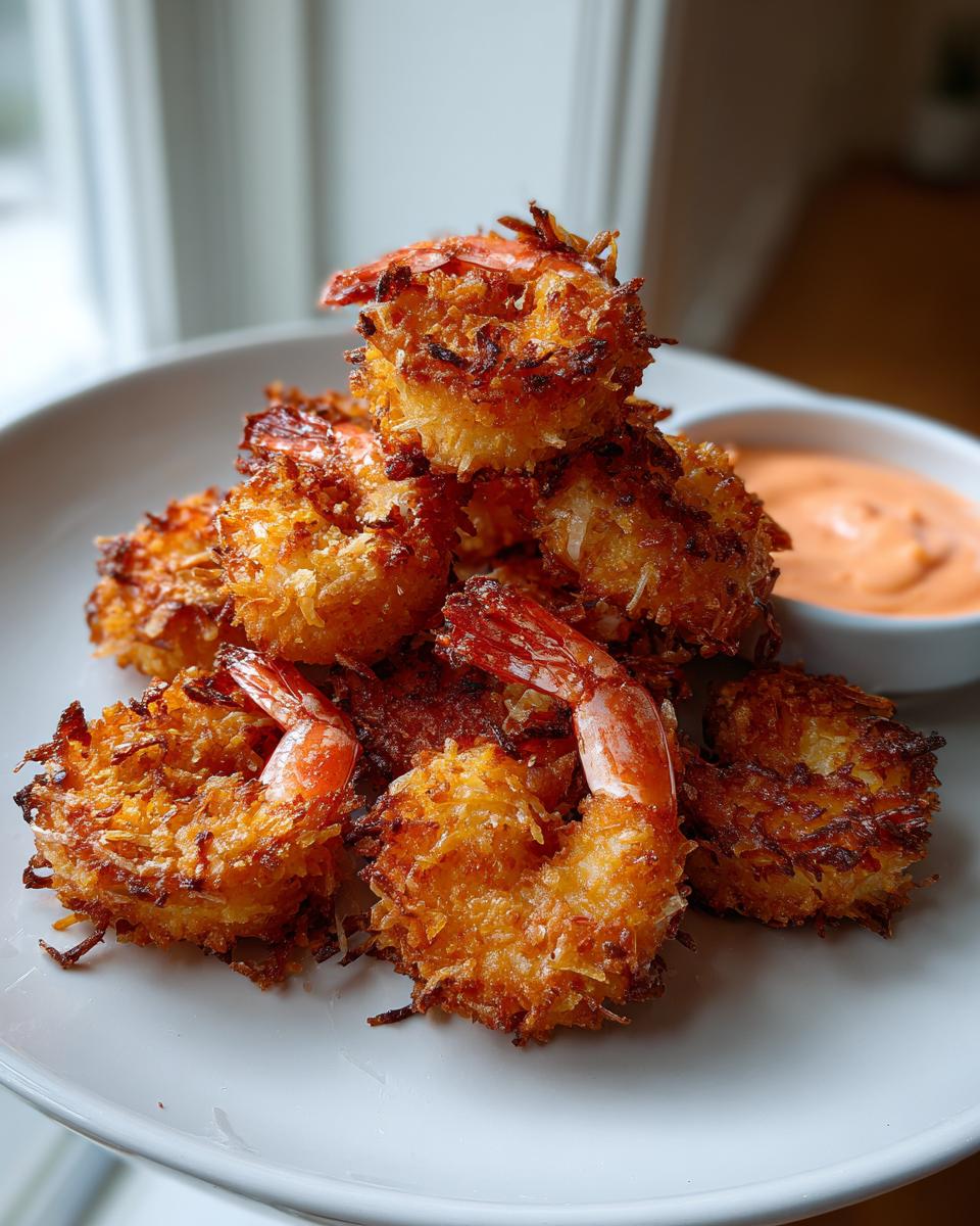 A stack of crispy, golden brown coconut shrimp served on a white plate with a side of dipping sauce.