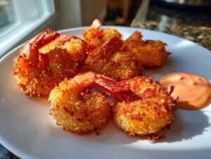 Several pieces of golden brown, crispy coconut shrimp served on a white plate with a side of dipping sauce.