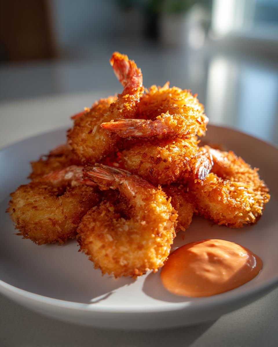 A pile of perfectly golden, crispy coconut shrimp served on a white plate next to a dollop of orange dipping sauce.
