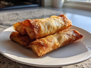 A stack of three perfectly golden brown, crispy homemade egg roll appetizers resting on a white plate.