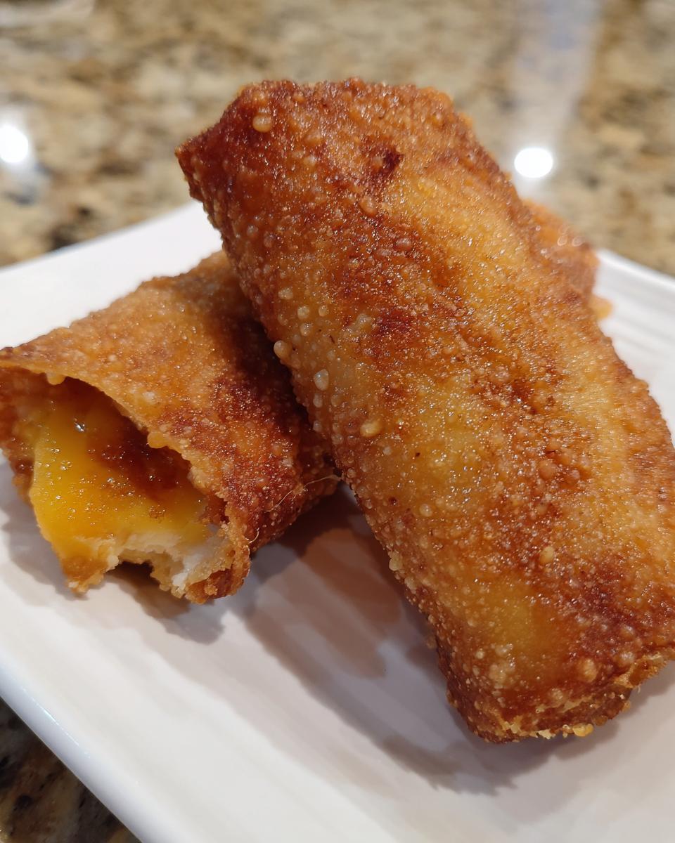 Two crispy, golden-brown peach cobbler egg rolls served on a white plate, one is partially eaten showing the warm peach filling.