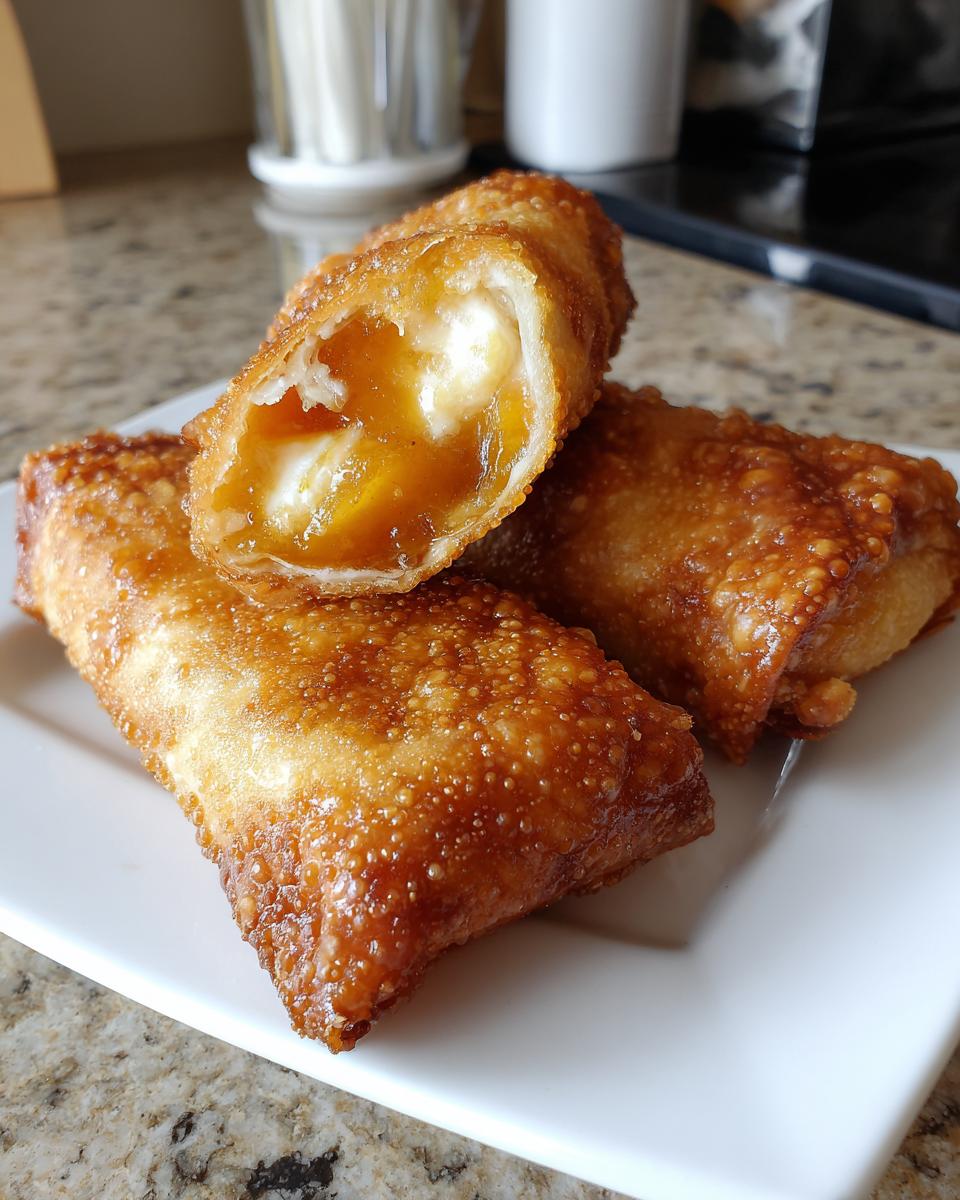 Three golden brown peach cobbler egg rolls on a white plate, one is cut open showing the peach filling and cream cheese.