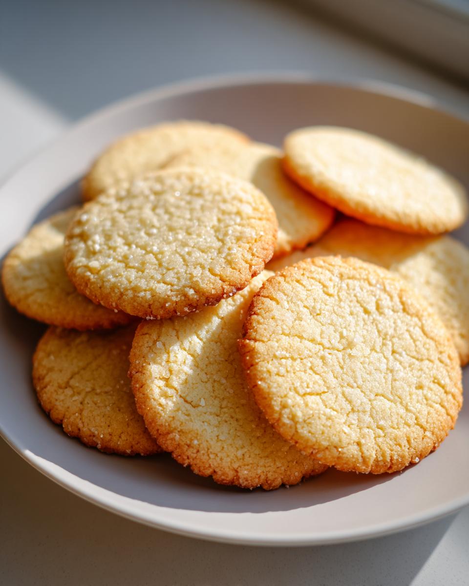 A close-up of several golden, slightly crackled sugar cookies sprinkled with coarse sugar on a light gray plate.