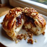 A close-up of delicious baked brie wrapped in pastry, cut in half to show the melted cheese, jam, and pecans.