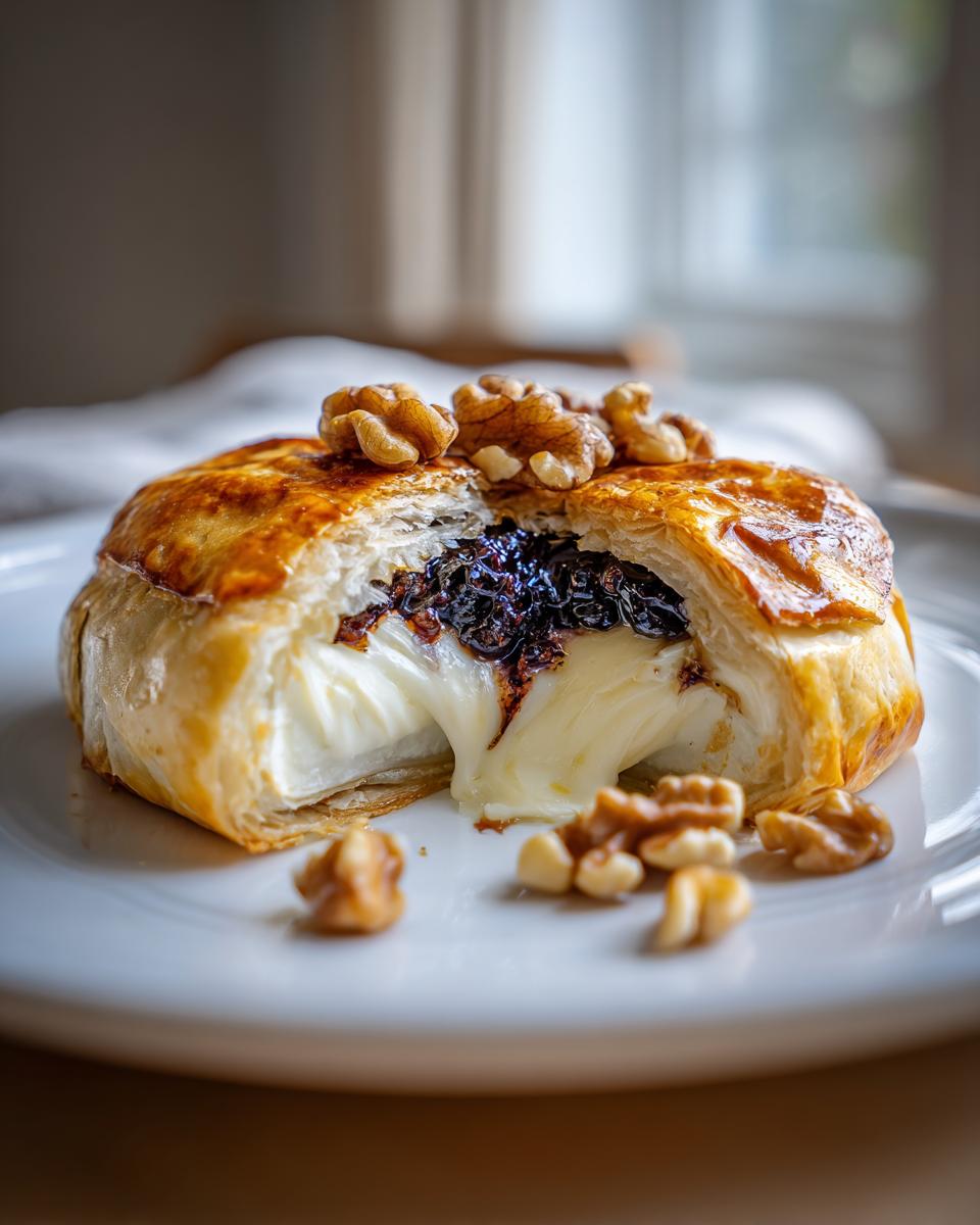 Close-up of baked brie cut open, showing melted cheese, dark jam filling, and walnuts on a white plate.