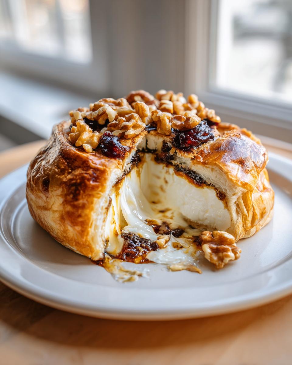 A slice cut from a baked brie wheel wrapped in pastry, revealing melted cheese, jam, and topped with walnuts.
