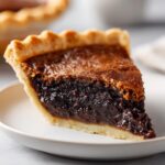 Close-up of a rich, gooey slice of chocolate chess pie with a flaky crust.