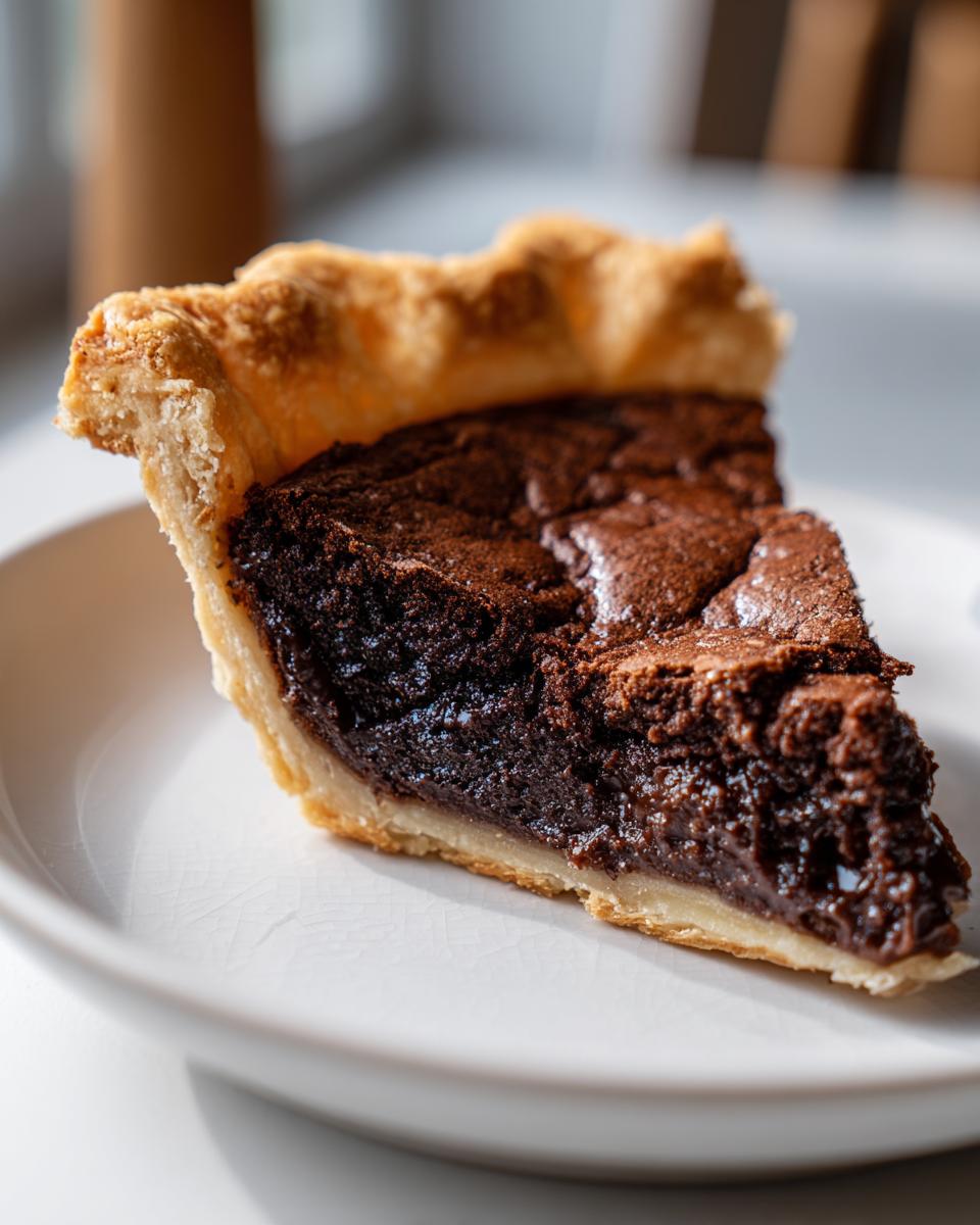 Close-up of a rich, gooey slice of chocolate chess pie showing the dark filling and golden, flaky crust.