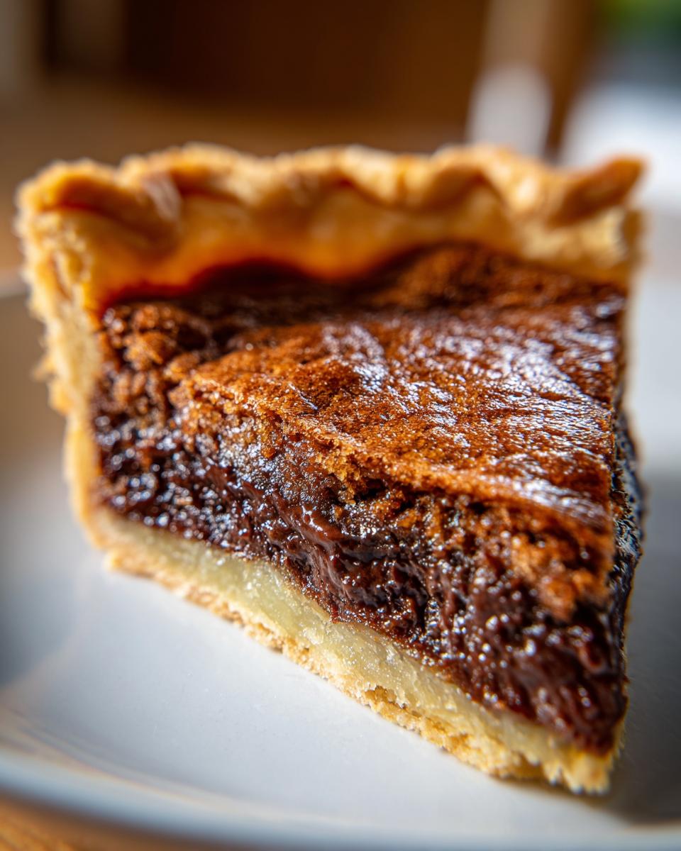 Close-up of a rich, gooey slice of chocolate chess pie showing the flaky crust and dark, glossy filling.
