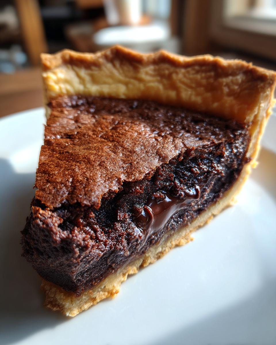 Close-up of a rich, gooey slice of chocolate chess pie showing the dark, fudgy filling and flaky crust.