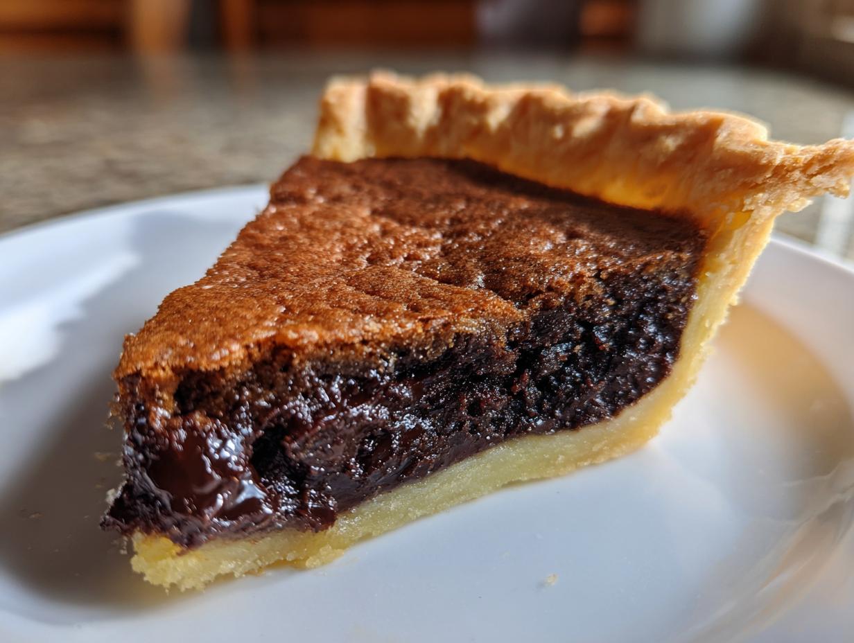 A close-up of a slice of rich, gooey chocolate chess pie with a flaky crust on a white plate.