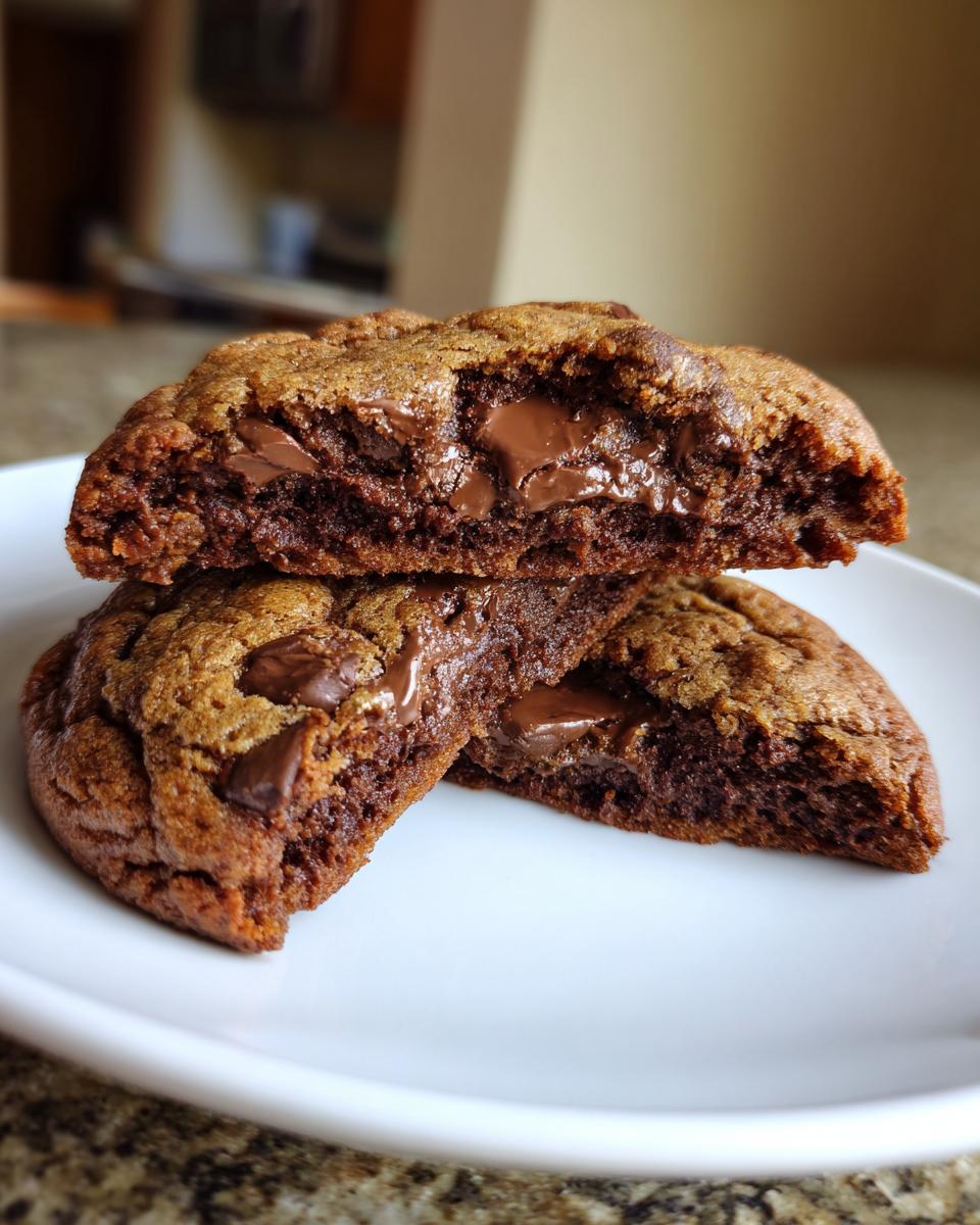 Close-up of a rich, dark chocolate chip cookie cut in half showing gooey, melted chocolate centers.