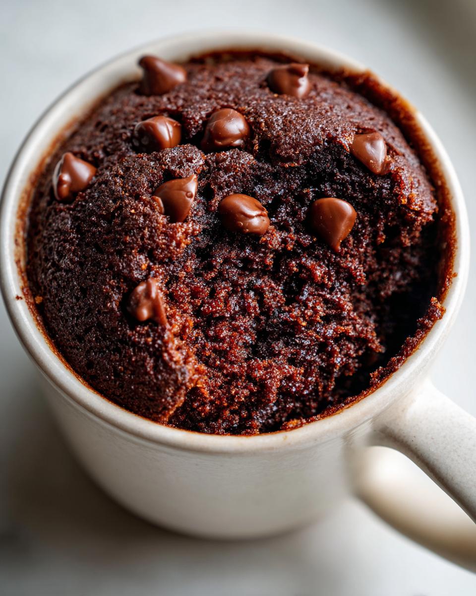 Close-up of a rich, dark chocolate mug cake topped with melted chocolate chips, ready to eat.