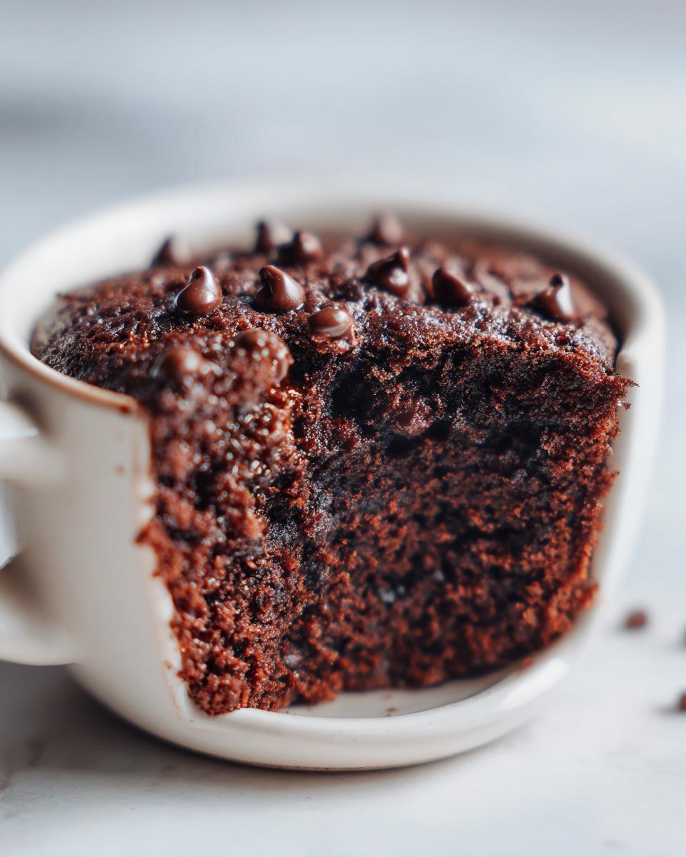 Close-up of a rich, dark chocolate mug cake with melted chocolate chips on top, a piece is missing.