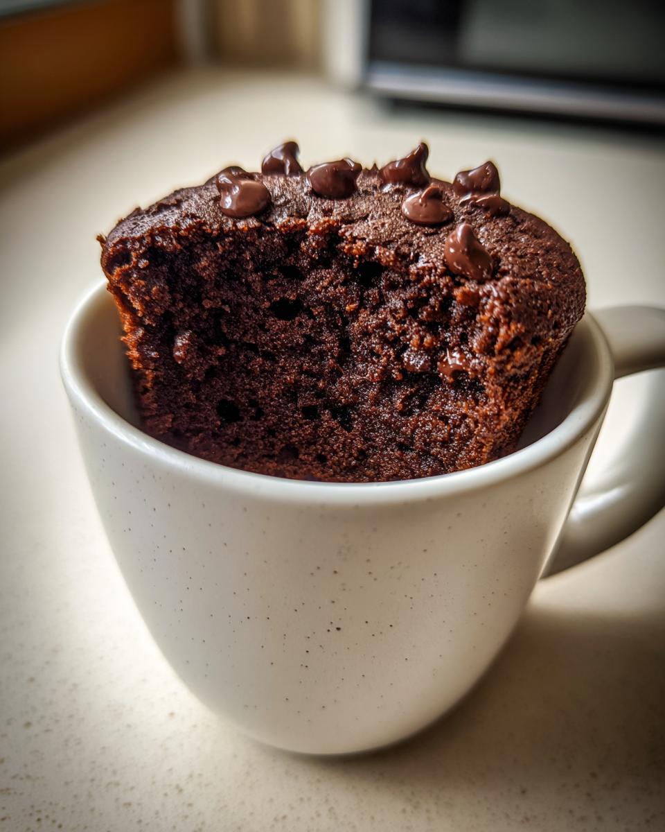 Close-up of a rich, dark chocolate mug cake with melted chocolate chips on top, served in a white speckled mug.