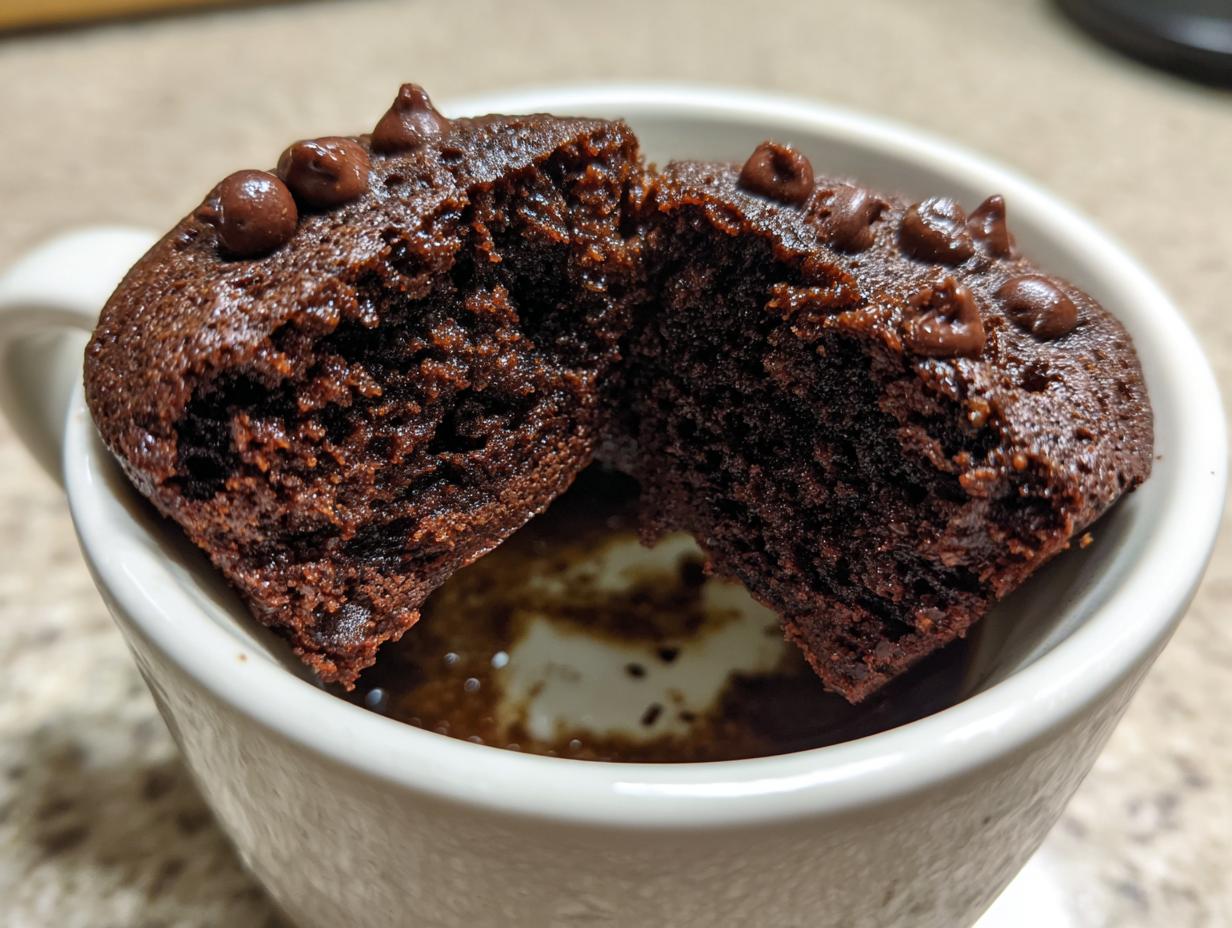 Close-up of a rich, dark chocolate mug cake cut in half inside a white mug, showing its moist texture and chocolate chips.