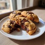 Close-up of gooey homemade chocolate chip cookies, one broken open showing melted chocolate.