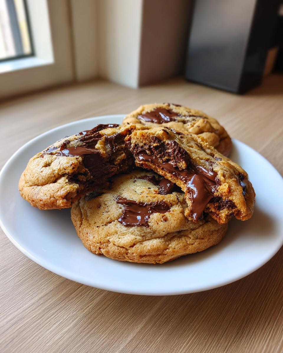 Close-up of homemade chocolate chip cookies on a white plate, one broken open showing melted chocolate.