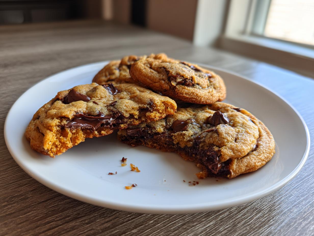 Close-up of gooey homemade chocolate chip cookies on a white plate, one broken open showing melted chocolate.