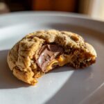 Close-up of a peanut butter cup cookies with a bite taken out, revealing melted peanut butter and chocolate.