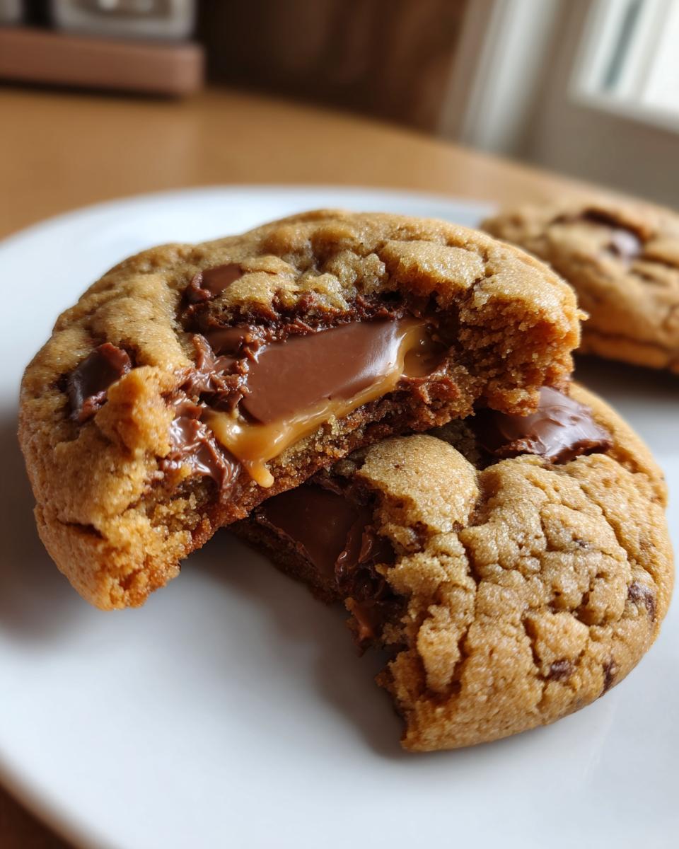 Close-up of a peanut butter cup cookie broken in half revealing a molten chocolate and caramel center.