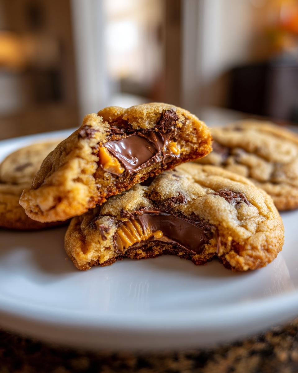 Close-up of peanut butter cup cookies broken open revealing a melted chocolate and peanut butter center.