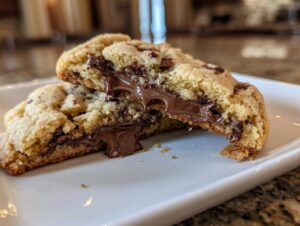 A warm peanut butter cup cookies, cut in half, showing a molten, gooey chocolate center.