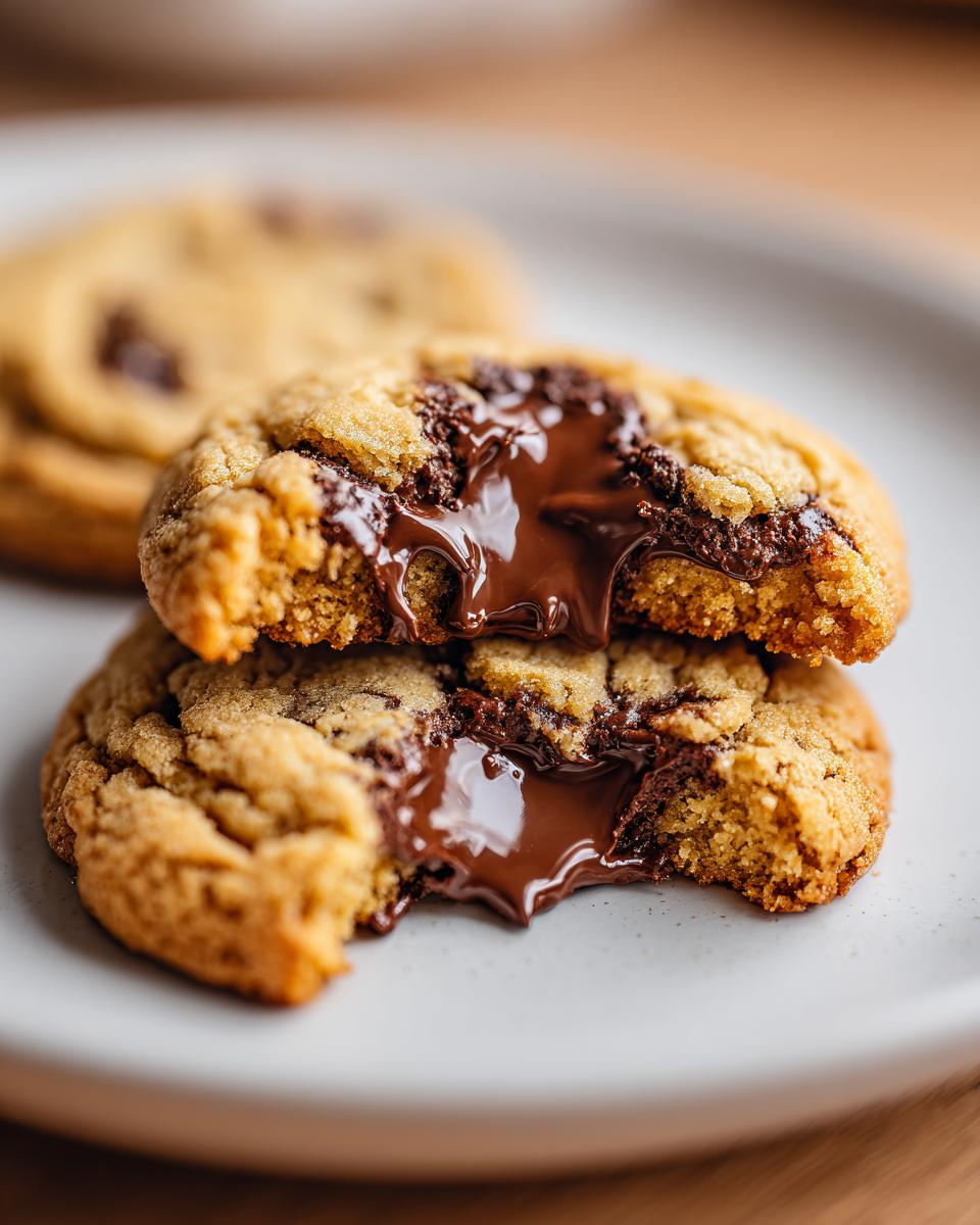 Close-up of peanut butter cup cookies broken in half showing melted chocolate filling.