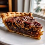 Close-up of a gooey slice of homemade pecan pie with a flaky crust on a white plate.