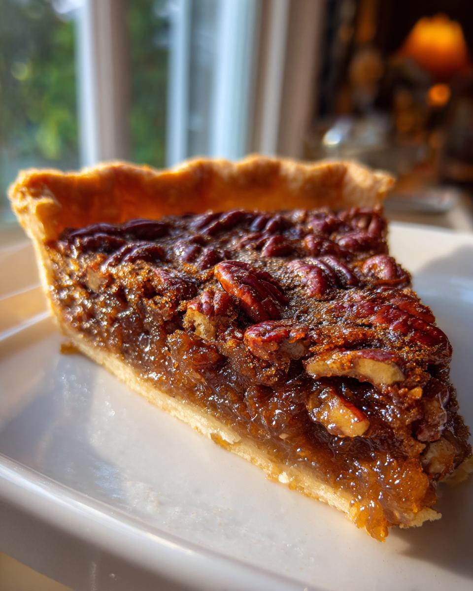 A close-up of a gooey slice of pecan pie showing the caramelized filling and whole pecans on top.
