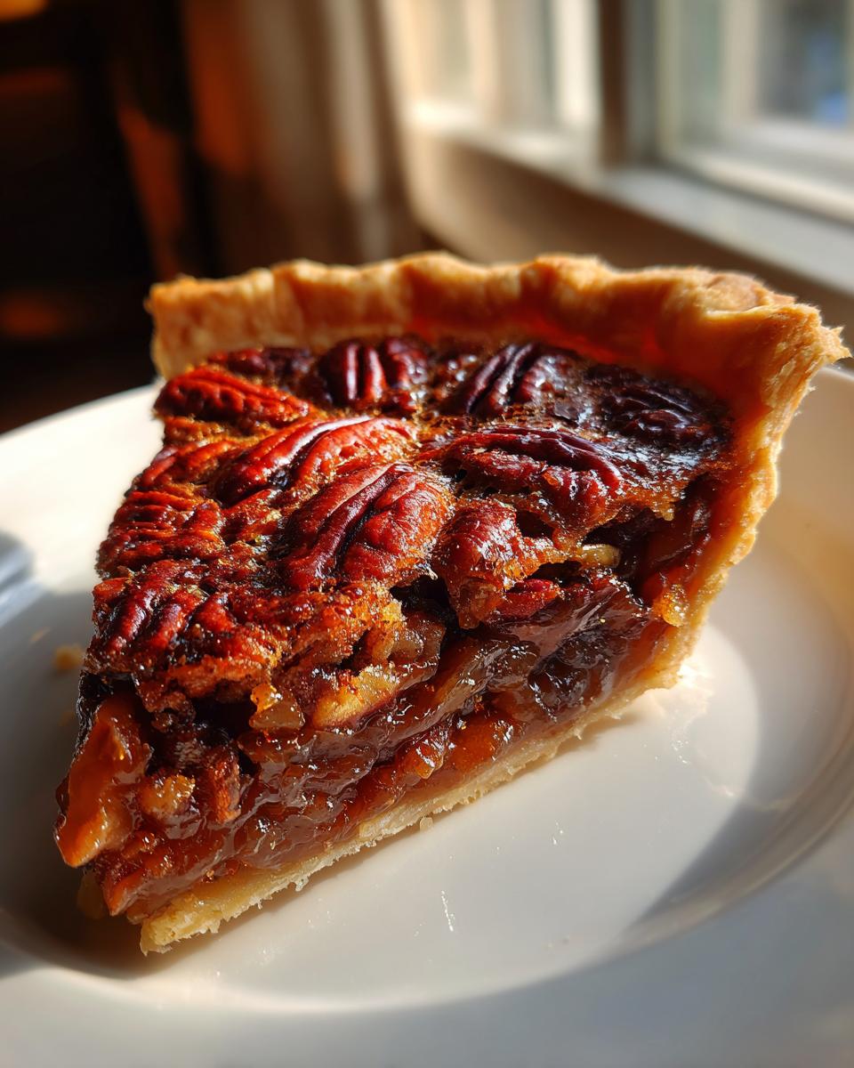 A close-up slice of gooey pecan pie with a caramelized pecan topping sitting on a white plate.
